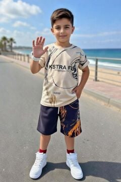 Erkek Çocuk Üzerinde Şekiller ve Fun Yazı Baskılı Bej Tişört Şortlu Takım