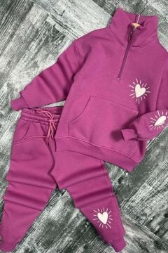 Kız Çocuk Kalp Emoji Baskılı Kanguru Cepli Fermuarlı Sweat Mor Eşofman Takım