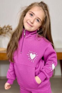 Kız Çocuk Kalp Emoji Baskılı Kanguru Cepli Fermuarlı Sweat Mor Eşofman Takım