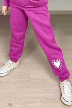 Kız Çocuk Kalp Emoji Baskılı Kanguru Cepli Fermuarlı Sweat Mor Eşofman Takım