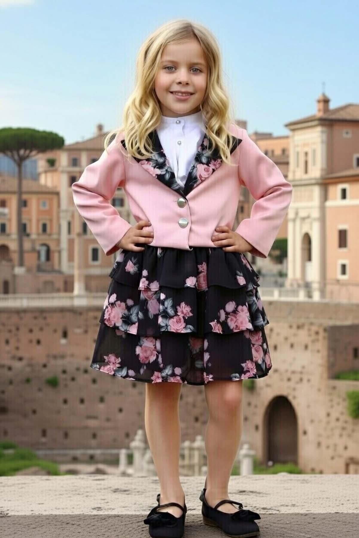 Kız Çocuk Kısa Kollu Yakası Fırfır Gömlek Pembe Blazer Ceket Çiçek Desen Atlas Kumaş Etekli Takım