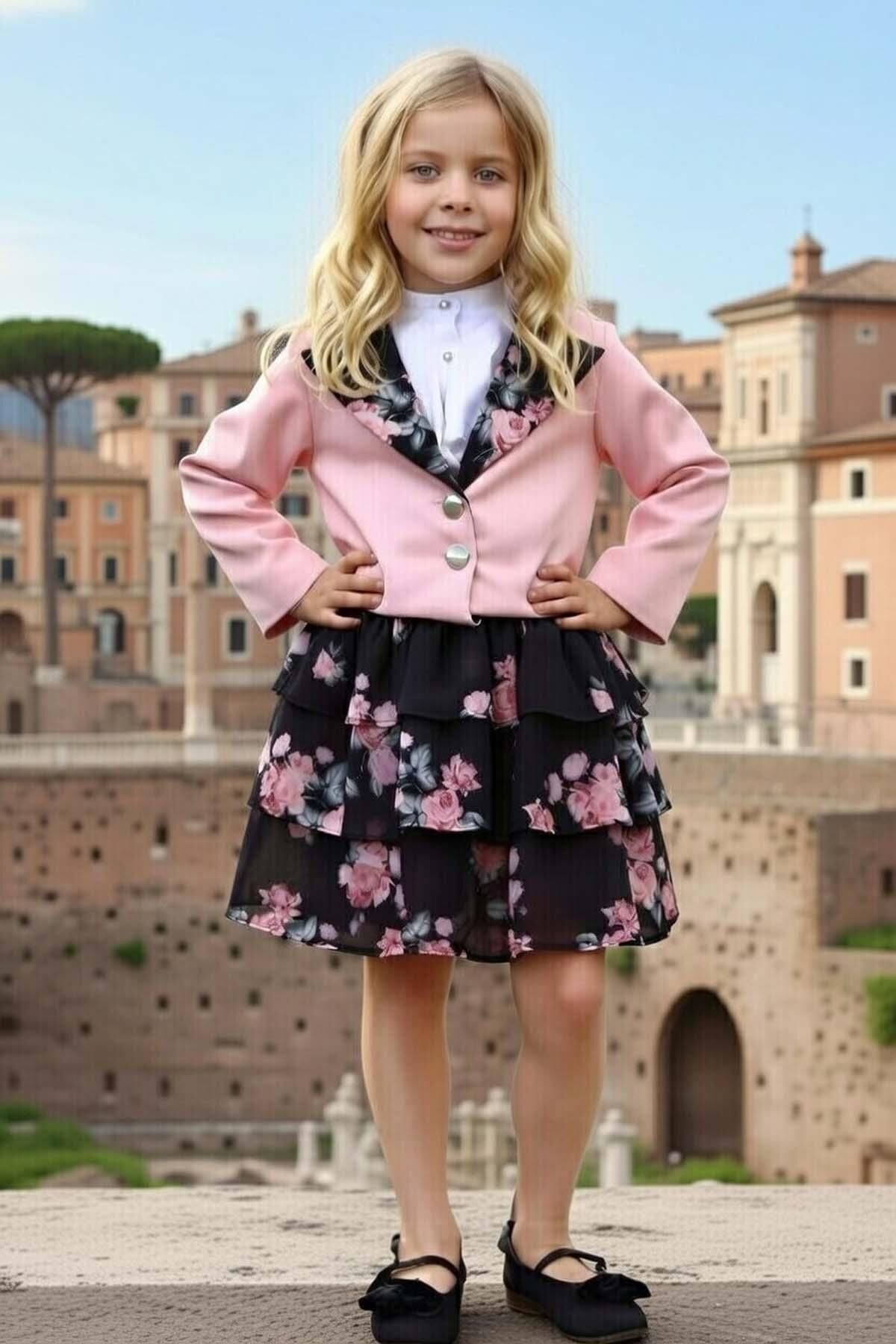 Kız Çocuk Kısa Kollu Yakası Fırfır Gömlek Pembe Blazer Ceket Çiçek Desen Atlas Kumaş Etekli Takım