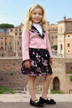 Kız Çocuk Kısa Kollu Yakası Fırfır Gömlek Pembe Blazer Ceket Çiçek Desen Atlas Kumaş Etekli Takım