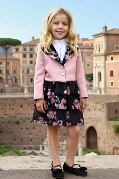 Kız Çocuk Kısa Kollu Yakası Fırfır Gömlek Pembe Blazer Ceket Çiçek Desen Atlas Kumaş Etekli Takım