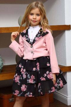 Kız Çocuk Kısa Kollu Yakası Fırfır Gömlek Pembe Blazer Ceket Çiçek Desen Atlas Kumaş Etekli Takım