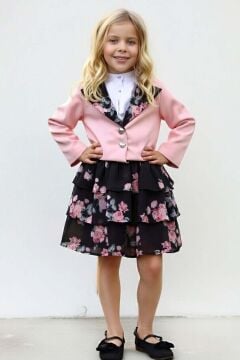 Kız Çocuk Kısa Kollu Yakası Fırfır Gömlek Pembe Blazer Ceket Çiçek Desen Atlas Kumaş Etekli Takım
