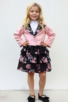 Kız Çocuk Kısa Kollu Yakası Fırfır Gömlek Pembe Blazer Ceket Çiçek Desen Atlas Kumaş Etekli Takım