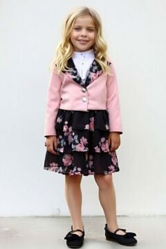 Kız Çocuk Kısa Kollu Yakası Fırfır Gömlek Pembe Blazer Ceket Çiçek Desen Atlas Kumaş Etekli Takım