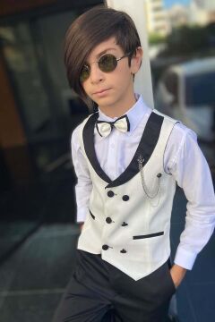 Erkek Çocuk Şal Yaka Düğme Detaylı Beyaz Cepken Yelek Gabardin Gömlek Takım Elbise