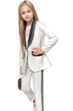 Kız Çocuk Taş İşleme Şal Yaka Blazer Ceket Dantel Detaylı Bluz Şerit Detaylı Beyaz Alt Üst Takım