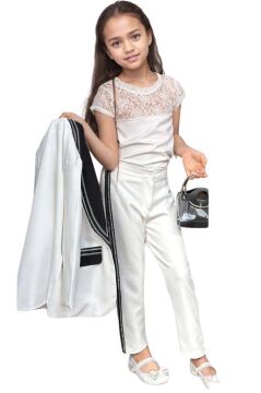 Kız Çocuk Taş İşleme Şal Yaka Blazer Ceket Dantel Detaylı Bluz Şerit Detaylı Beyaz Alt Üst Takım