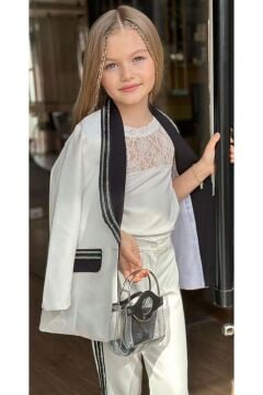 Kız Çocuk Taş İşleme Şal Yaka Blazer Ceket Dantel Detaylı Bluz Şerit Detaylı Beyaz Alt Üst Takım