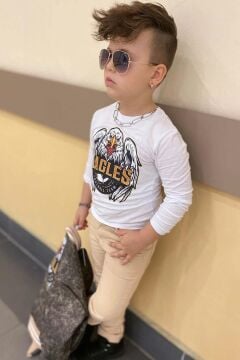 Erkek Çocuk Eagles Yazı ve Dijital Baskılı Bej Alt Üst Takım