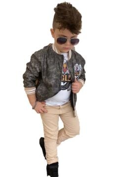 Erkek Çocuk Eagles Yazı ve Dijital Baskılı Bej Alt Üst Takım