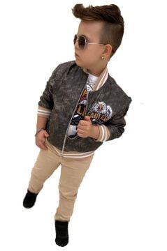 Erkek Çocuk Eagles Yazı ve Dijital Baskılı Bej Alt Üst Takım