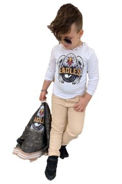 Erkek Çocuk Eagles Yazı ve Dijital Baskılı Bej Alt Üst Takım