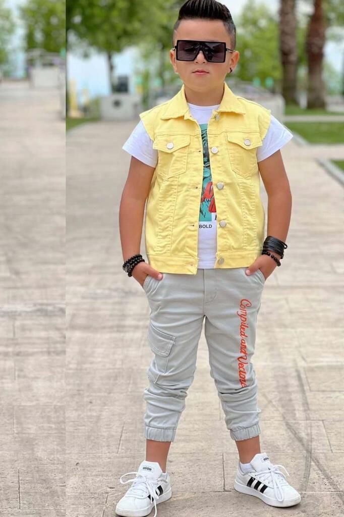 Erkek Çocuk Kaplan Detaylı T-shirt Sırt Baskılı Kolsuz Sarı Jean Ceket Kargo Cepli Alt Üst Takım