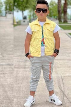 Erkek Çocuk Kaplan Detaylı T-shirt Sırt Baskılı Kolsuz Sarı Jean Ceket Kargo Cepli Alt Üst Takım