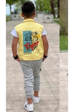 Erkek Çocuk Kaplan Detaylı T-shirt Sırt Baskılı Kolsuz Sarı Jean Ceket Kargo Cepli Alt Üst Takım