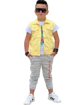 Erkek Çocuk Kaplan Detaylı T-shirt Sırt Baskılı Kolsuz Sarı Jean Ceket Kargo Cepli Alt Üst Takım