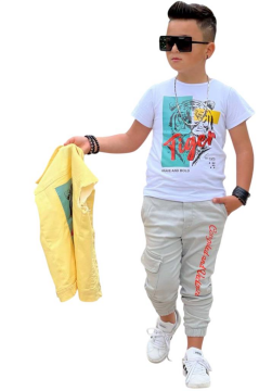 Erkek Çocuk Kaplan Detaylı T-shirt Sırt Baskılı Kolsuz Sarı Jean Ceket Kargo Cepli Alt Üst Takım