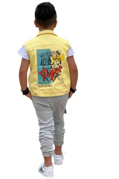 Erkek Çocuk Kaplan Detaylı T-shirt Sırt Baskılı Kolsuz Sarı Jean Ceket Kargo Cepli Alt Üst Takım
