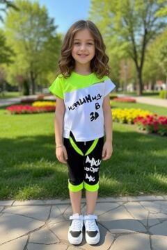 Kız Çocuk Üzeri Yazı Baskılı Bisiklet Yaka T-Shirt ve Şerit Detaylı Siyah Kapri Şortlu Takım