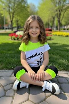 Kız Çocuk Üzeri Yazı Baskılı Bisiklet Yaka T-Shirt ve Şerit Detaylı Siyah Kapri Şortlu Takım