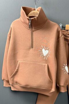 Kız Çocuk Kalp Emoji Baskılı Kanguru Cepli Fermuarlı Sweat Taba Eşofman Takım