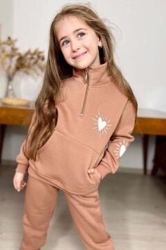 Kız Çocuk Kalp Emoji Baskılı Kanguru Cepli Fermuarlı Sweat Taba Eşofman Takım