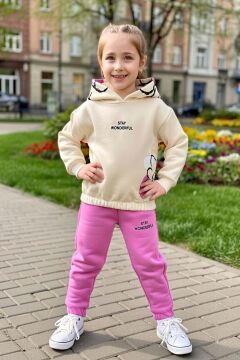 Kız Çocuk Pamuklu Kapüşonlu Üzeri Papatya Desenli Wonderful Yazılı Fuşya Eşofman Takım