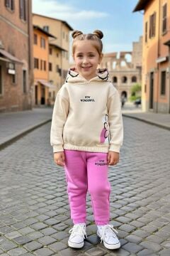 Kız Çocuk Pamuklu Kapüşonlu Üzeri Papatya Desenli Wonderful Yazılı Fuşya Eşofman Takım