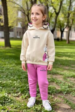 Kız Çocuk Pamuklu Kapüşonlu Üzeri Papatya Desenli Wonderful Yazılı Fuşya Eşofman Takım