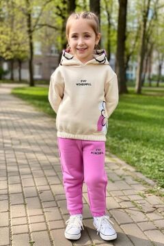 Kız Çocuk Pamuklu Kapüşonlu Üzeri Papatya Desenli Wonderful Yazılı Fuşya Eşofman Takım