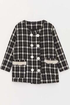 Kız Çocuk Ekose Desenli Önü Düğmeli Beret Şapkalı Siyah Etekli Takım