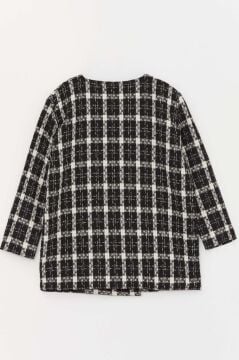 Kız Çocuk Ekose Desenli Önü Düğmeli Beret Şapkalı Siyah Etekli Takım