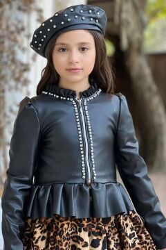 Kız Çocuk Taş İşlemeli Fırfırlı Siyah Deri Ceket Leopar Desenli Elbise