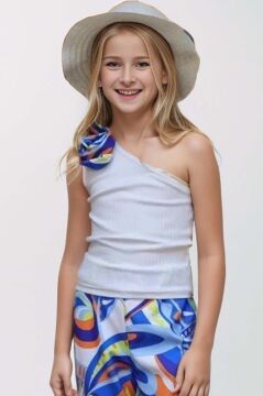 Kız Çocuk Gül Detaylı Tek Omuzlu Kaşkorse Bluz ve Dijital Baskılı Mavi Alt Üst Takım