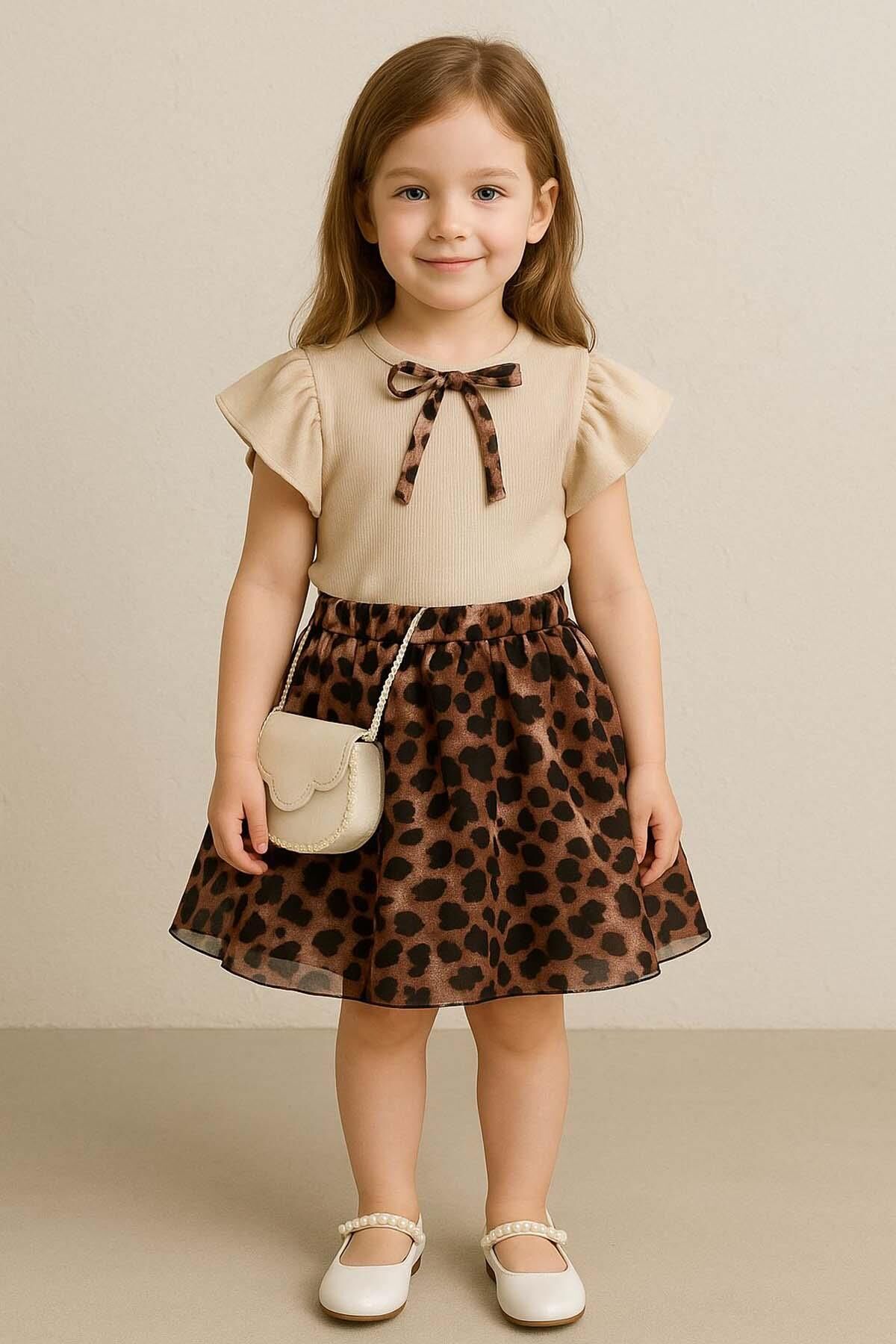 Kız Çocuk Bisiklet Yaka Kurdele Detaylı Bluz Beli Lastikli Leopar Desenli Etekli Takım