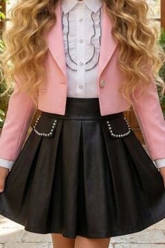 Kız Çocuk Elmas Taşlı Volanlı Gömlek Pembe Blazer Ceket Taş Detaylı Deri Etekli Takım