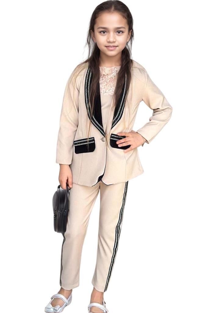 Kız Çocuk Taş İşleme Şal Yaka Blazer Ceket Dantel Detaylı Bluz Şerit Detaylı Krem Alt Üst Takım