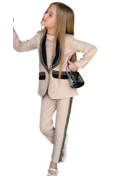 Kız Çocuk Taş İşleme Şal Yaka Blazer Ceket Dantel Detaylı Bluz Şerit Detaylı Krem Alt Üst Takım