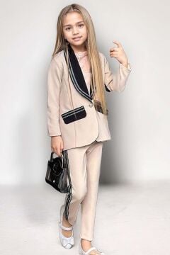 Kız Çocuk Taş İşleme Şal Yaka Blazer Ceket Dantel Detaylı Bluz Şerit Detaylı Krem Alt Üst Takım