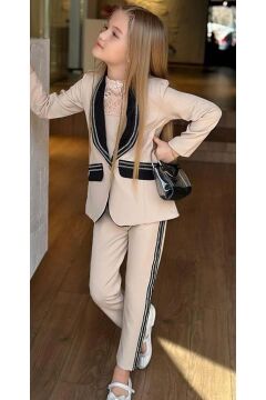 Kız Çocuk Taş İşleme Şal Yaka Blazer Ceket Dantel Detaylı Bluz Şerit Detaylı Krem Alt Üst Takım