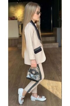 Kız Çocuk Taş İşleme Şal Yaka Blazer Ceket Dantel Detaylı Bluz Şerit Detaylı Krem Alt Üst Takım