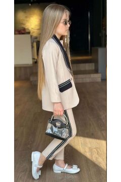 Kız Çocuk Taş İşleme Şal Yaka Blazer Ceket Dantel Detaylı Bluz Şerit Detaylı Krem Alt Üst Takım