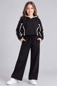 Kız Çocuk Kapüşonlu ve Kenarları Dantel İşlemeli Bol Kesim Çift Cepli Siyah Eşofman Takım