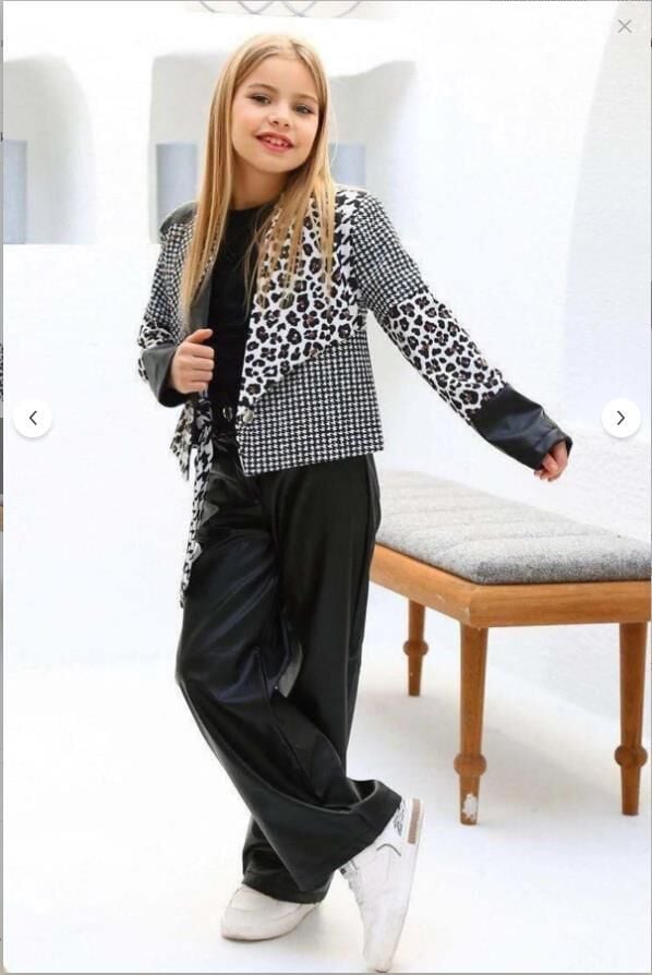 Kız Çocuk Üzeri Leopar ve Kazayağı Deri Detaylı Ceket Bol Kesim Pantolon Siyah Alt Üst Takım