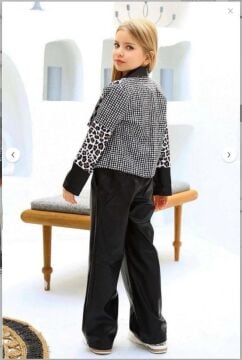 Kız Çocuk Üzeri Leopar ve Kazayağı Deri Detaylı Ceket Bol Kesim Pantolon Siyah Alt Üst Takım