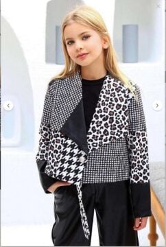Kız Çocuk Üzeri Leopar ve Kazayağı Deri Detaylı Ceket Bol Kesim Pantolon Siyah Alt Üst Takım